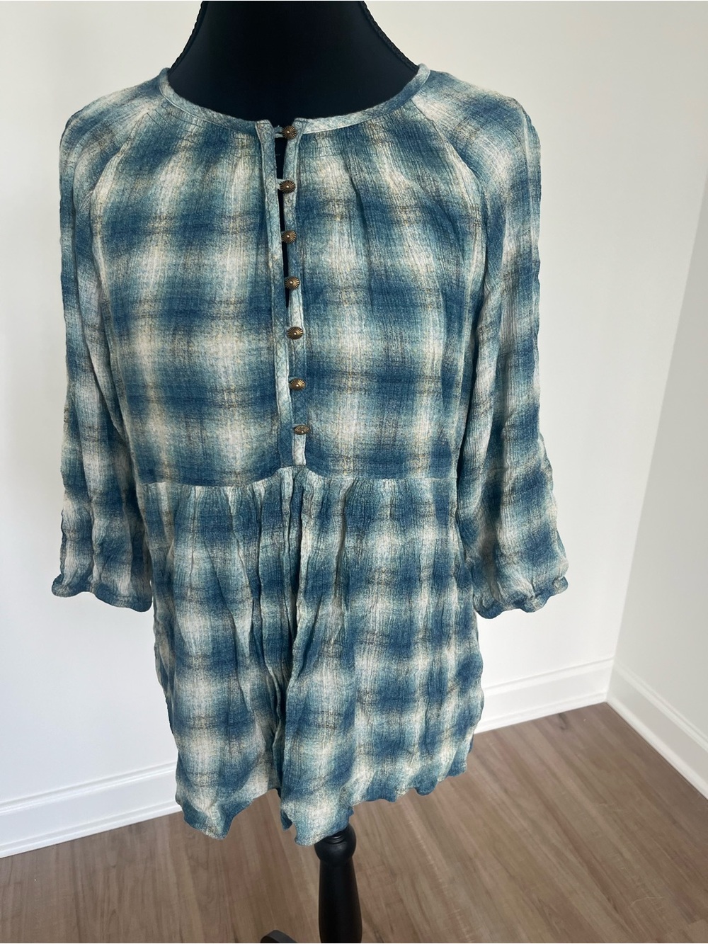 Maeve by Anthropology Blue Cream Plaid Button-Front 3/4 sleeve Tunic Top size S
